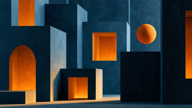A cinematic, multi-layered abstract maze design featuring structural geometric shapes, deep blue and orange colors, and floating spheres.