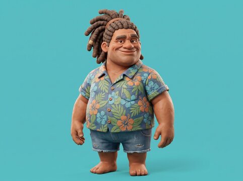 Cartoon character with dreadlocks wearing floral shirt and shorts.
