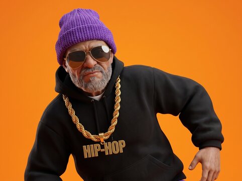 Elderly man with purple beanie and sunglasses posing confidently in hip-hop style.
