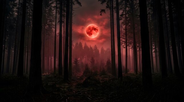 A spooky dark forest with a glowing red moon perfect for a happy halloween background and seasonal design