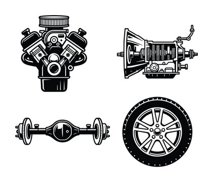 Automotive engine, transmission, axle, and wheel component icon set. Black and white vector for car repair, mechanics