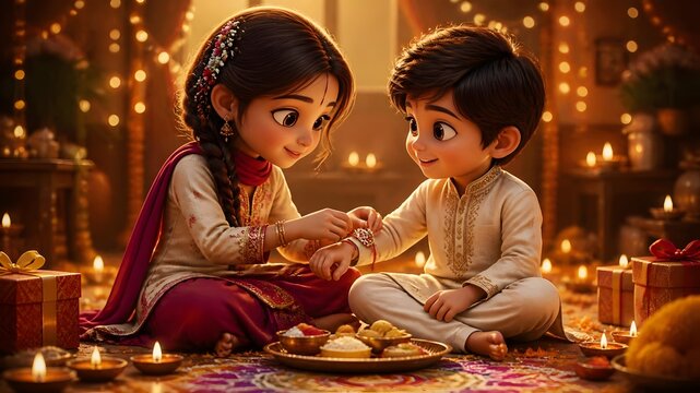 Little indian children celebrating raksha bandhan rituals with traditional gifts