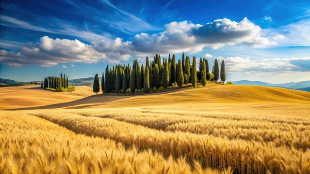 Rolling hills of golden wheat and cypress trees stretch towards a brilliant blue tuscan sky forever