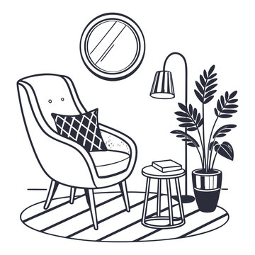 Modern armchair with reading lamp and plant