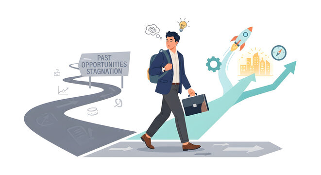 Businessman at crossroads choosing between past stagnation and future success vector