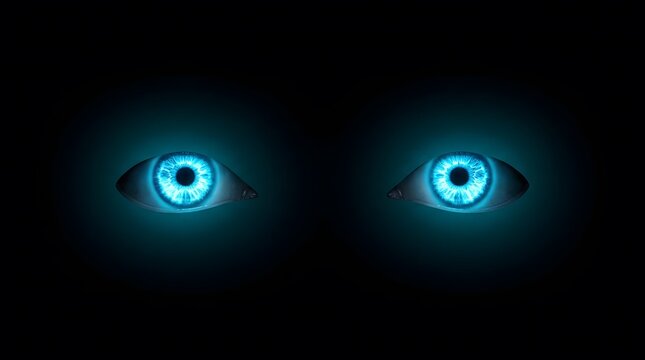 Spooky glowing blue eyes emerging from darkness for a mysterious happy halloween celebration and horror themed background
