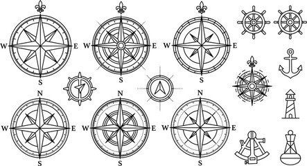 Vintage Nautical Compass Rose Icon Set with Marine Anchor Symbols for Navigation Designs, © Mohammad