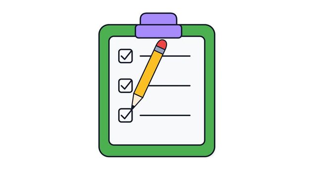 Vector illustration of a green clipboard checklist icon with checked boxes and a pencil