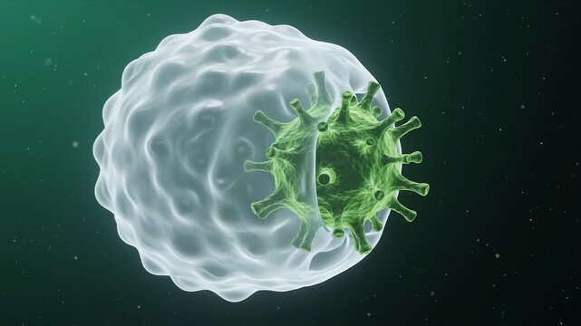 Softly glowing white blood cells surrounding and neutralizing a jagged neon green virus particle in a fluid environment for a microscopic biological science concept
