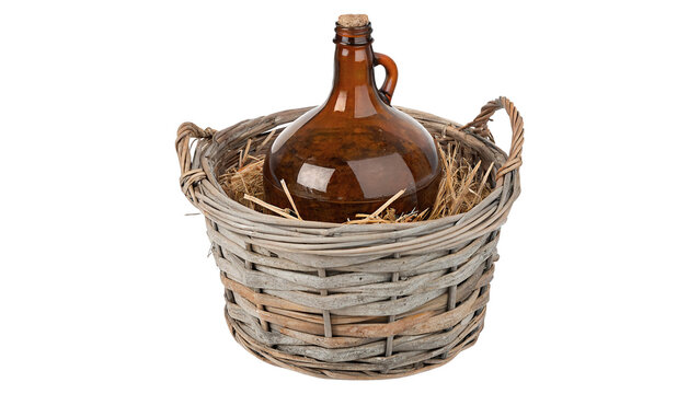 Old vintage glass carboy bottle inside round wicker basket isolated on transparent background