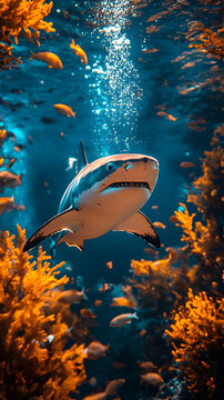 Majestic shark swimming in deep blue ocean water wild marine life