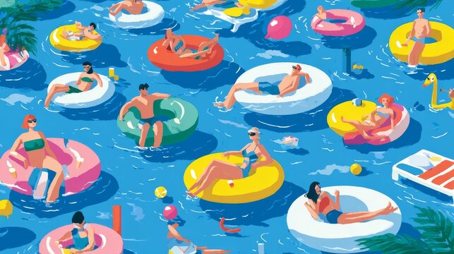 playful vector style showing variety of people doing water activities, from chilling in rubber rings to paddling in pool with pool noodles and float toys