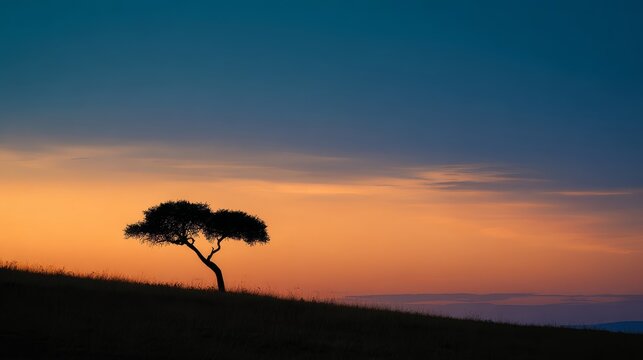 sunset landscape featuring Masai Mara terrain, single tree silhouette against glowing dusk sky, minimalistic yet emotional ambiance