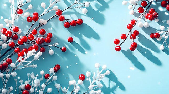 Red winter berries rowan on light blue ice winter backdrop