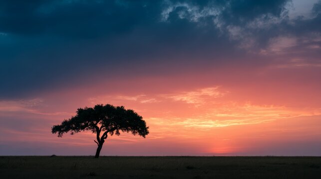sunset landscape featuring Masai Mara terrain, single tree silhouette against glowing dusk sky, minimalistic yet emotional ambiance