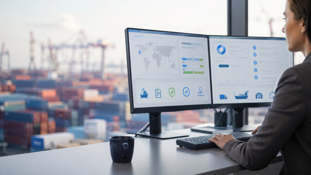 Freight forwarding software dashboard displayed on dual monitors in modern office overlooking shipping containers and port