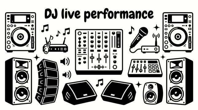 live DJ performance equipment featuring CD players media controllers mixers stage monitors lighting controllers wireless microphones speakers and visual effects system set for concerts festivals