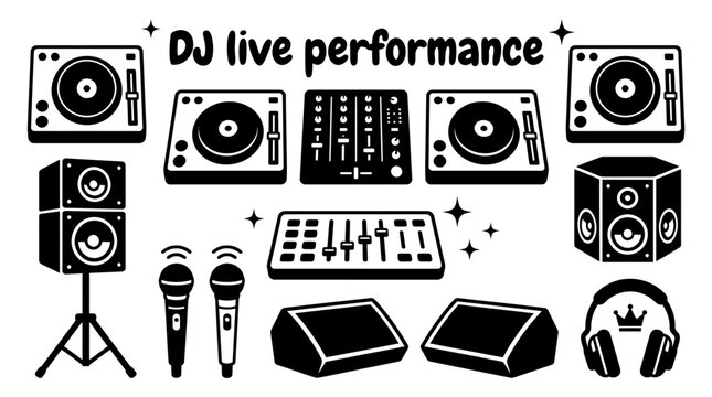 live DJ performance equipment featuring CD players media controllers mixers stage monitors lighting controllers wireless microphones speakers and visual effects system set for concerts festivals