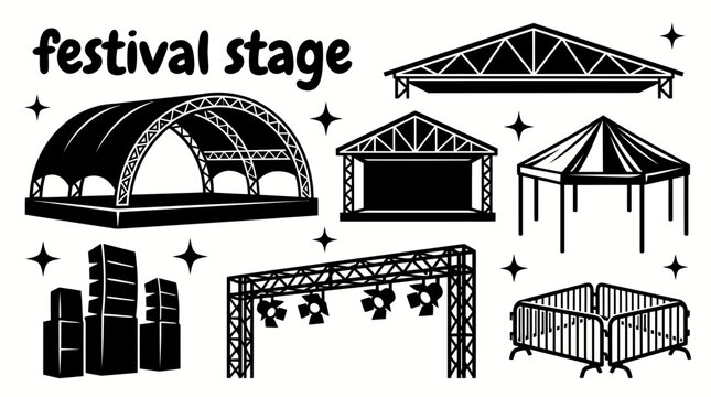 outdoor festival stage infrastructure featuring roof trusses LED video walls lighting towers line array speakers barricades control booths and stage platforms vector illustration set music festival