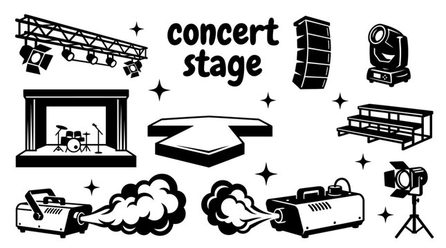 concert stage equipment featuring performance stages lighting trusses LED screens line array speakers stage risers spotlights smoke machines and backstage set for live music events