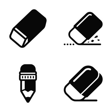 Minimalist eraser tool vector icon set, black and white line art graphics for school supplies, office stationery