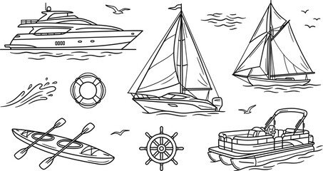 Yacht Sailboat Kayak Pontoon Boat and Maritime Navigation Elements Linear Vector Icon Set © Mohammad