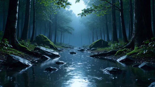 薄暗い森の中を流れる川と雨（環境音・癒し・睡眠）