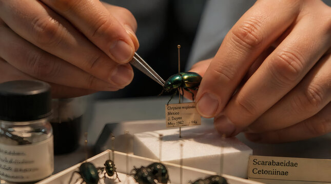 Entomologist Mounts Iridescent Beetle Specimen Using Tweezers in a Lab Setting