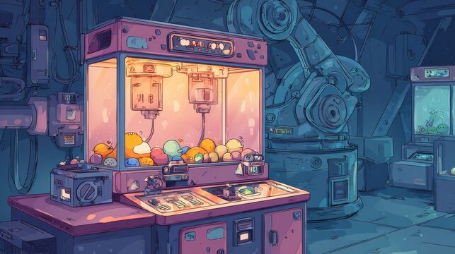 side view of arcade claw machine with glowing buttons, cartoon toy animals inside, and robotic arm mechanism illustrated in schematic style