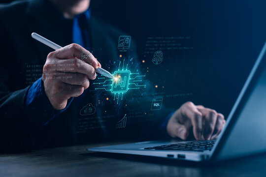 Business professional interacting with an artificial intelligence interface using a stylus and laptop, illustrating AI, automation, digital transformation, analytics, and modern business technology.