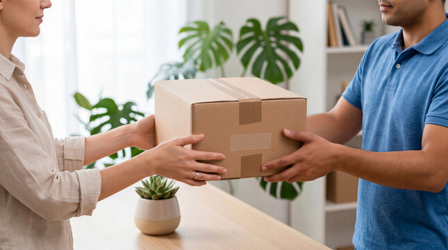 Delivery man handing a cardboard package to a customer at home. Reliable online shopping, logistics, and fast home delivery service