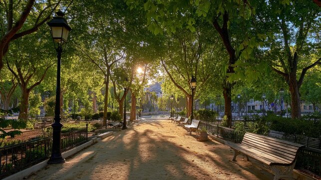 early light over urban park with gravel paths, classic lampposts, benches aligned under young leafy trees, warm sun peeking through