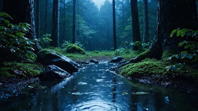 薄暗い森の中を流れる川と雨（環境音・癒し・睡眠）