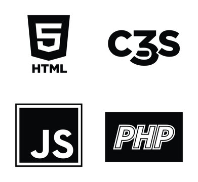 Black and white web development programming language icon set for coding tutorials, website design