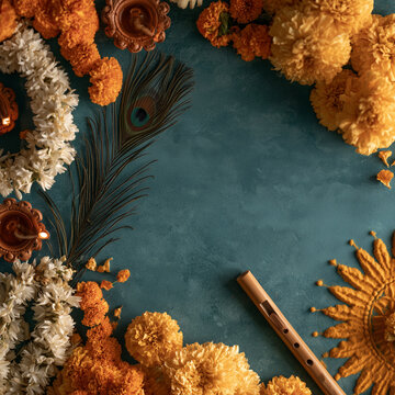 Warm marigolds and jasmine frame a quiet teal surface. Peacock feather rests beside a wooden flute. Candlelight glows softly, adding calm ambiance. Vibrant colors contrast with serene, earthy tones