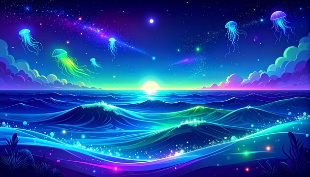 Mystical Ocean Glow Under Starlit Sky with Bioluminescent Waves.
