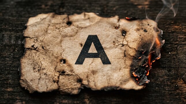 A burning piece of vintage textured paper featuring the letter A with embers and smoke against a dark rustic wooden background