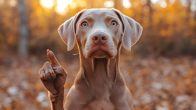Cute weimaraner dog looking forward sitting in autumn forest nature