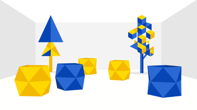 Abstract low poly 3D geometric landscape with blue and yellow shapes in a minimalist room.