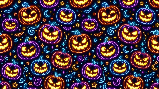 Seamless pattern background featuring glowing jack o lanterns for a spooky and festive happy halloween celebration design