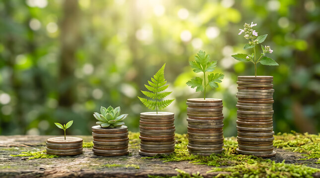 Growing Coin Stacks with Green Plants and Flowers in Forest Environment