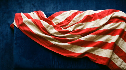 Fototapeta premium Draped Red and White Striped Fabric Banner on Deep Blue Velvet Background