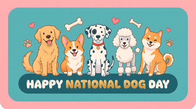 Happy national dog day vector card design with cute dogs and decorative bones celebration national