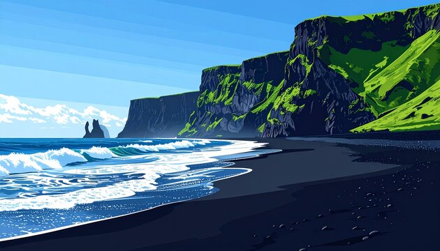 Black Sand Beach with Towering Green Cliffs and Ocean Waves.