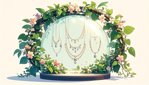 Elegant Mirror Surrounded by Floral Garland and Pearl Necklaces.