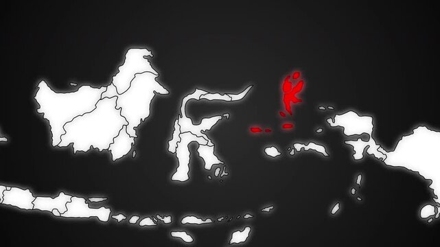 North Maluku Province Highlighted in Red on Indonesia Map Dark Background Animation