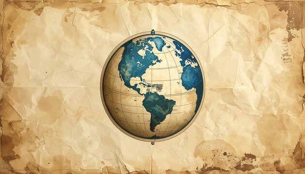 Vintage world map globe on old parchment background.