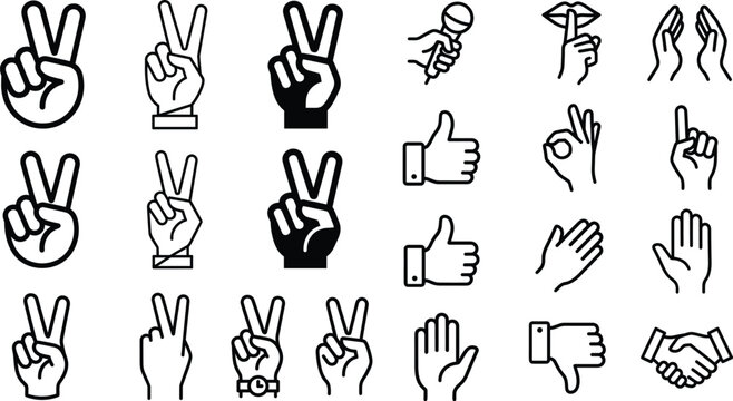 Hand Gesture and Sign Vector Icon Set with Victory and Thumbs Up Symbols,