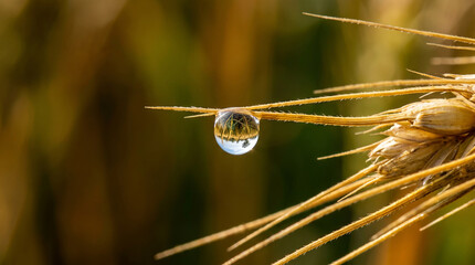 Obraz premium Water drop hanging from ripe wheat ear reflecting the field