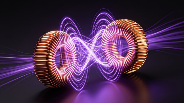 Magnetic Resonance Induction: Two toroidal coils creating a powerful magnetic field, visualized through vibrant purple energy streams, symbolizing scientific innovation and technological advancement.